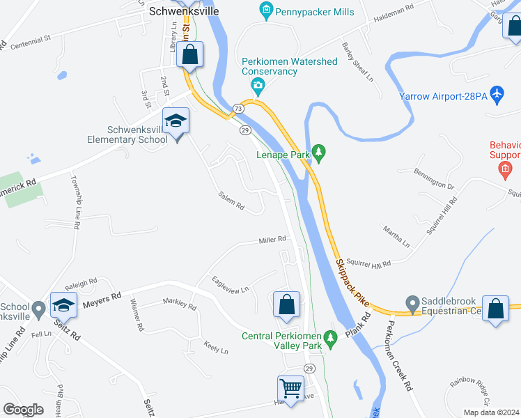 map of restaurants, bars, coffee shops, grocery stores, and more near 141 Salem Road in Schwenksville
