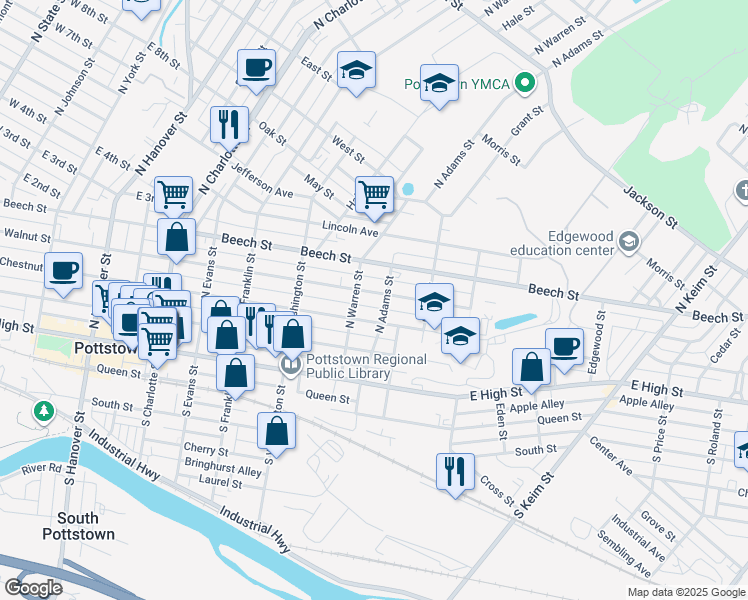 map of restaurants, bars, coffee shops, grocery stores, and more near 106 North Warren Street in Pottstown