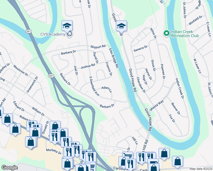 map of restaurants, bars, coffee shops, grocery stores, and more near 482 Adam Lane in Mechanicsburg