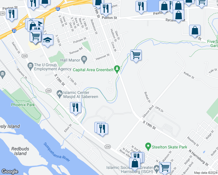 map of restaurants, bars, coffee shops, grocery stores, and more near Ivey Lane in Harrisburg