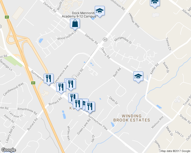 map of restaurants, bars, coffee shops, grocery stores, and more near 307 Jamestown Court in Lansdale