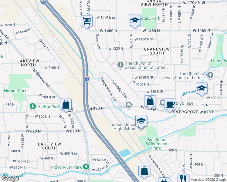 map of restaurants, bars, coffee shops, grocery stores, and more near 935 Independence Avenue in Provo