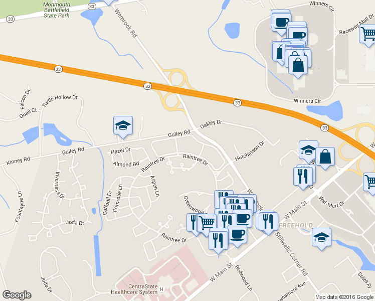 map of restaurants, bars, coffee shops, grocery stores, and more near 83 Tulip Lane in Freehold