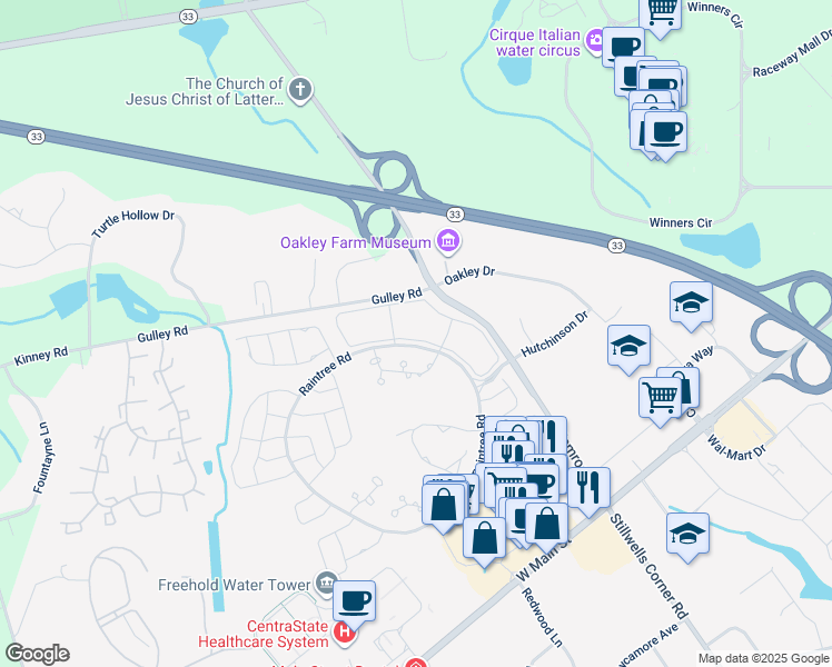 map of restaurants, bars, coffee shops, grocery stores, and more near 83 Tulip Lane in Freehold