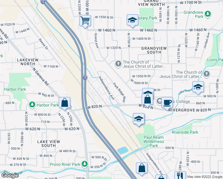 map of restaurants, bars, coffee shops, grocery stores, and more near 962 Independence Avenue in Provo