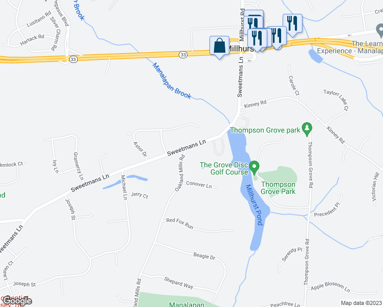 map of restaurants, bars, coffee shops, grocery stores, and more near 35 Sweetmans Lane in Manalapan Township