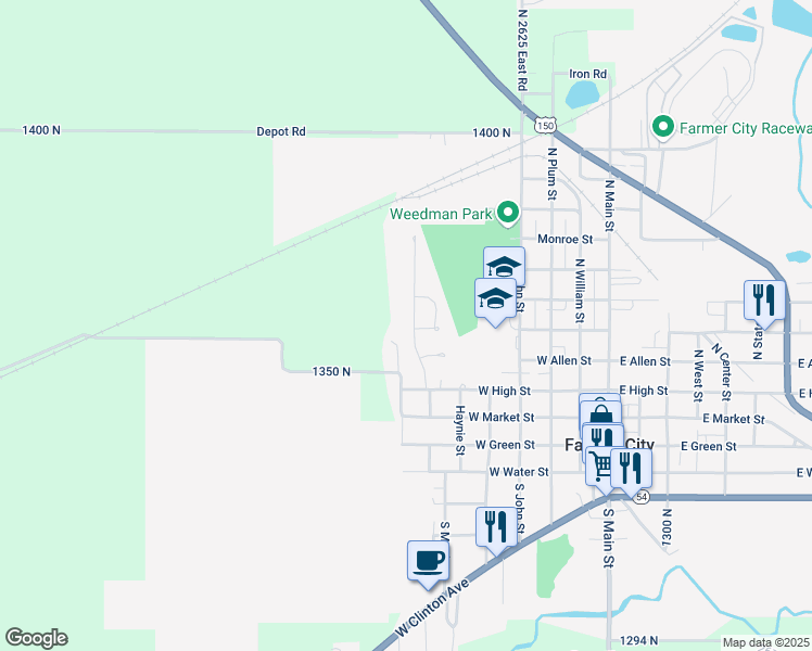 map of restaurants, bars, coffee shops, grocery stores, and more near 310 Brookview Drive in Farmer City
