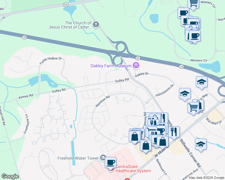 map of restaurants, bars, coffee shops, grocery stores, and more near 1 Pagoda Lane in Freehold
