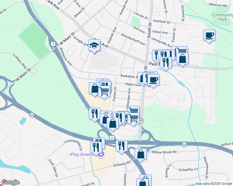 map of restaurants, bars, coffee shops, grocery stores, and more near 65 Irwin Avenue in Freehold
