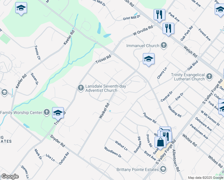 map of restaurants, bars, coffee shops, grocery stores, and more near 680 Weikel Road in Lansdale