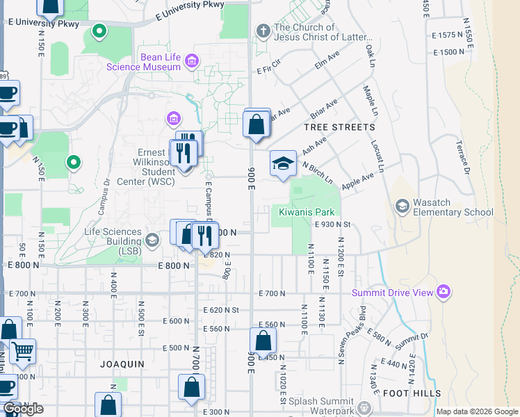 map of restaurants, bars, coffee shops, grocery stores, and more near 986 900 East in Provo