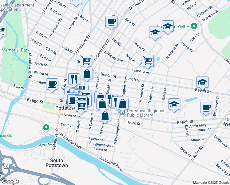 map of restaurants, bars, coffee shops, grocery stores, and more near 70 North Franklin Street in Pottstown