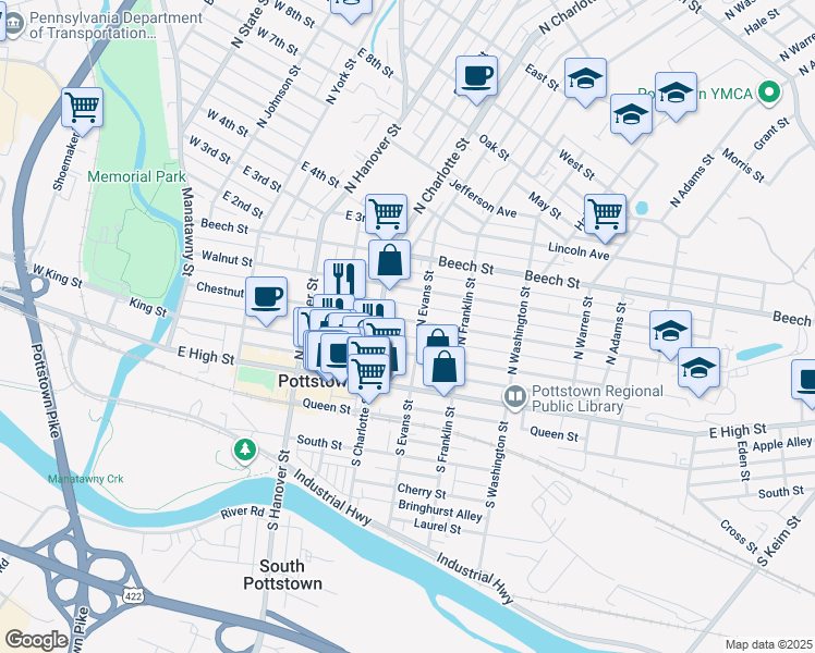 map of restaurants, bars, coffee shops, grocery stores, and more near 323 King Street in Pottstown
