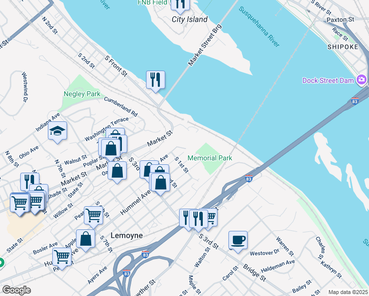 map of restaurants, bars, coffee shops, grocery stores, and more near 68 Hummel Avenue in Lemoyne