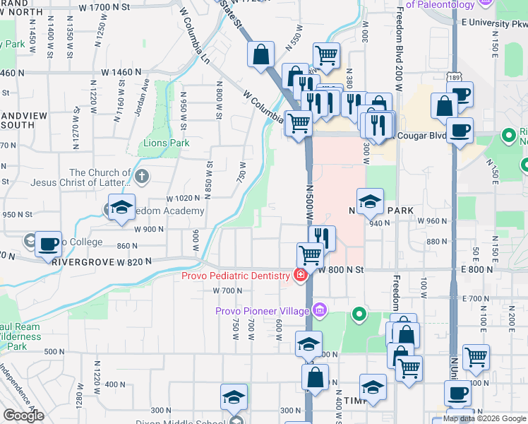 map of restaurants, bars, coffee shops, grocery stores, and more near 668 West 980 North in Provo