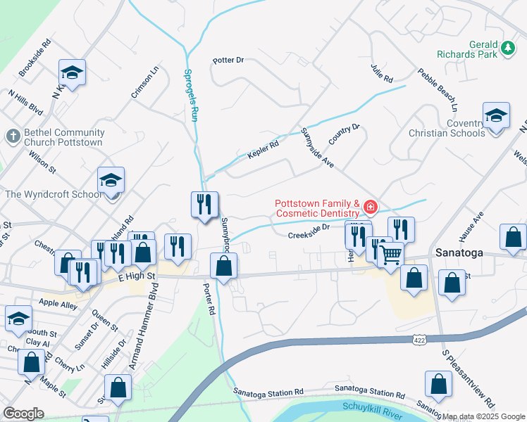 map of restaurants, bars, coffee shops, grocery stores, and more near 37 Creekside Drive in Pottstown