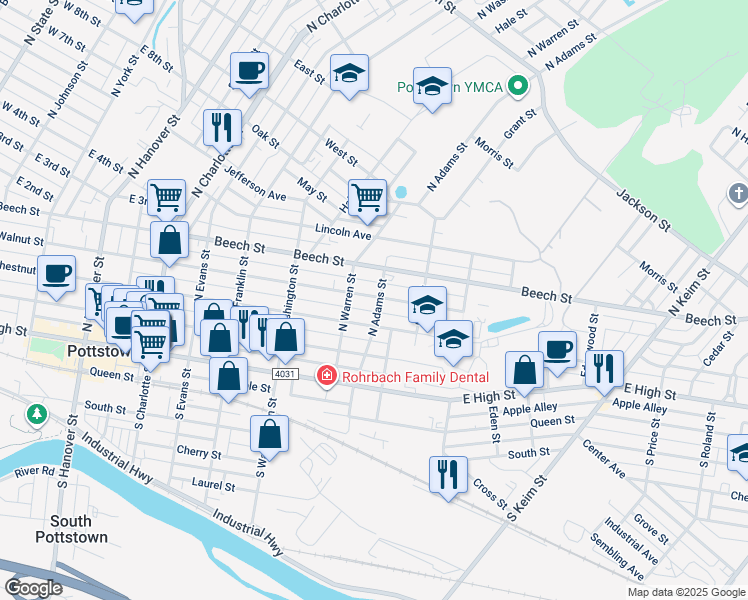 map of restaurants, bars, coffee shops, grocery stores, and more near 647 Chestnut Street in Pottstown
