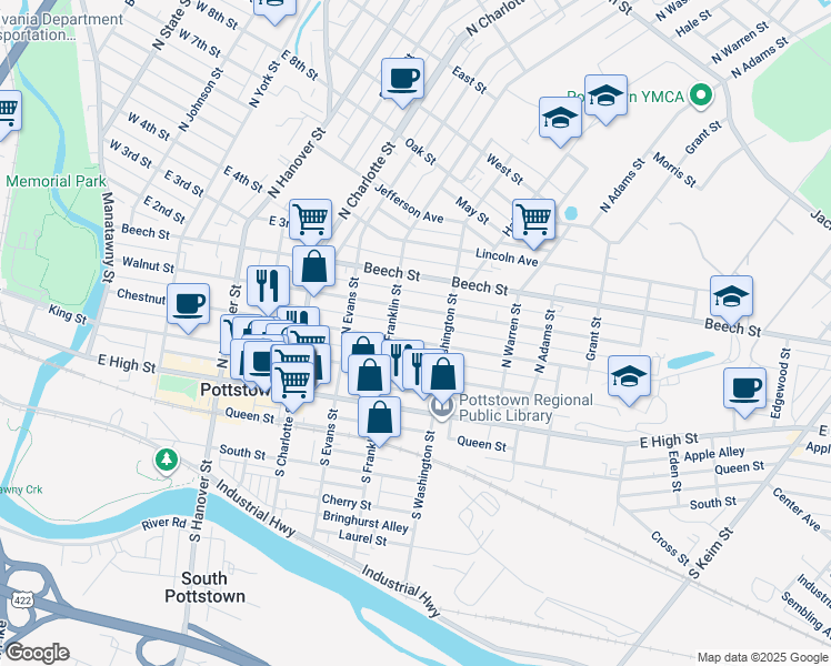 map of restaurants, bars, coffee shops, grocery stores, and more near 427 Chestnut Street in Pottstown
