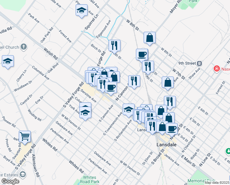 map of restaurants, bars, coffee shops, grocery stores, and more near 10 North Cannon Avenue in Lansdale