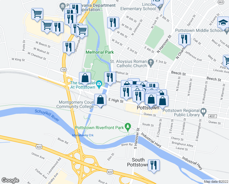 map of restaurants, bars, coffee shops, grocery stores, and more near 24 King Street in Pottstown