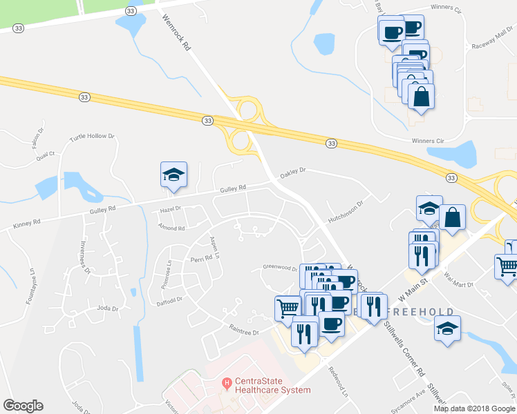 map of restaurants, bars, coffee shops, grocery stores, and more near 91 Tulip Lane in Freehold