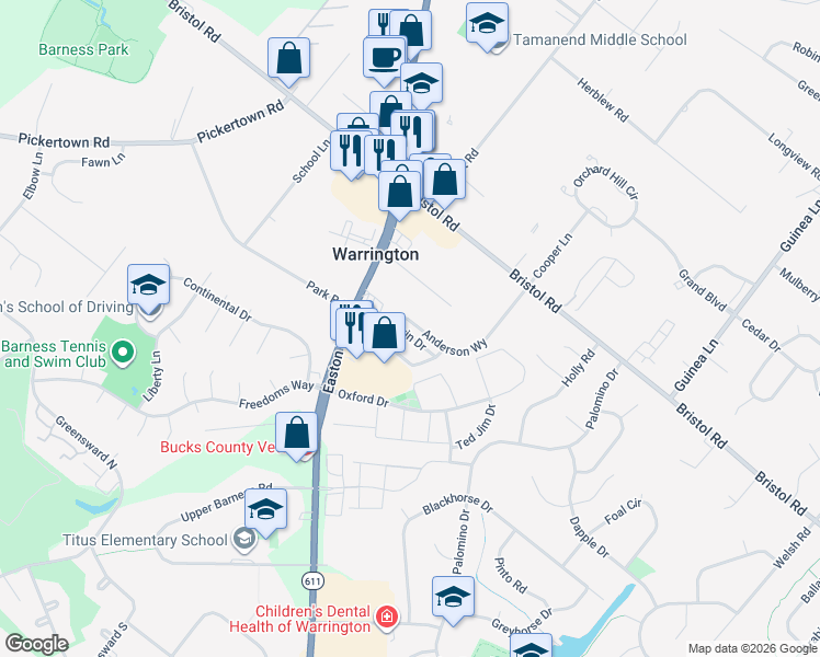map of restaurants, bars, coffee shops, grocery stores, and more near 2209 Evin Drive in Warrington