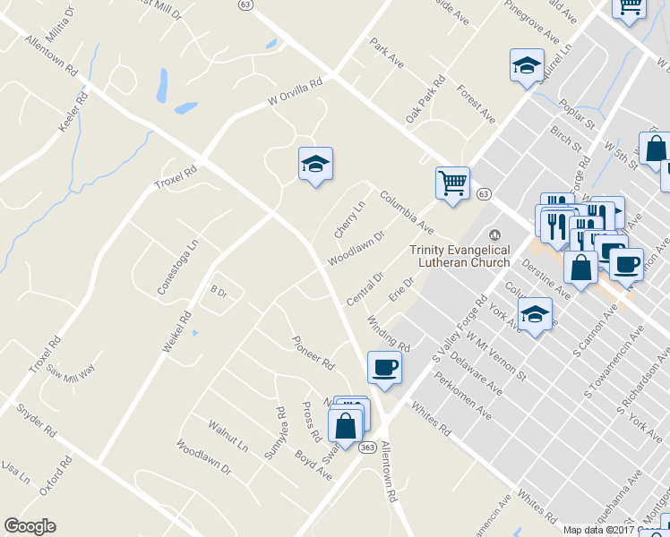 map of restaurants, bars, coffee shops, grocery stores, and more near 260 Woodlawn Drive in Lansdale