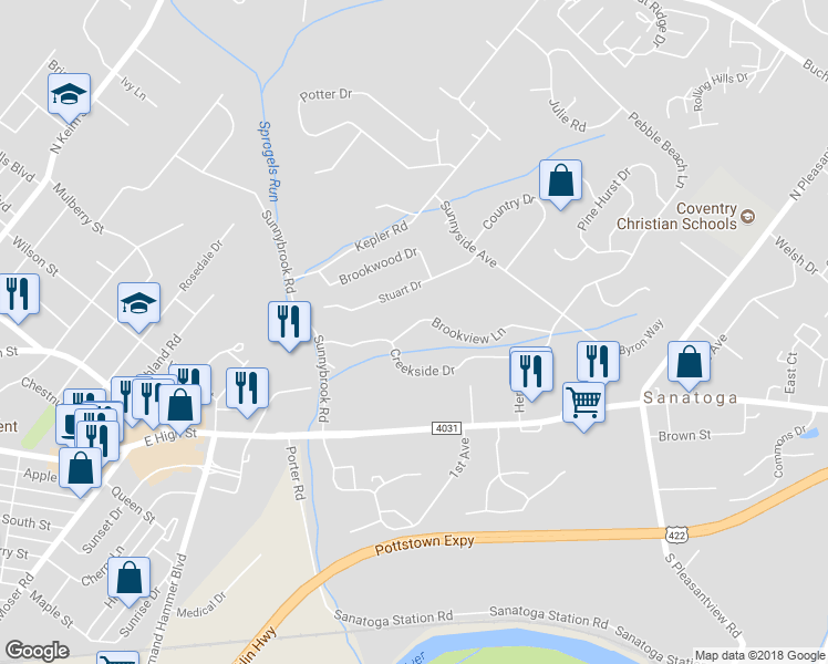 map of restaurants, bars, coffee shops, grocery stores, and more near 48 Brookview Lane in Pottstown