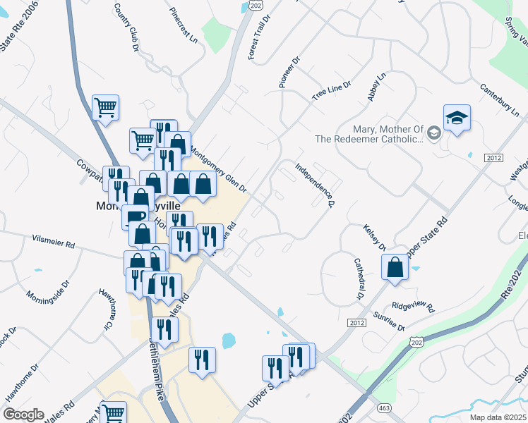 map of restaurants, bars, coffee shops, grocery stores, and more near 107 Hopkins Court in North Wales