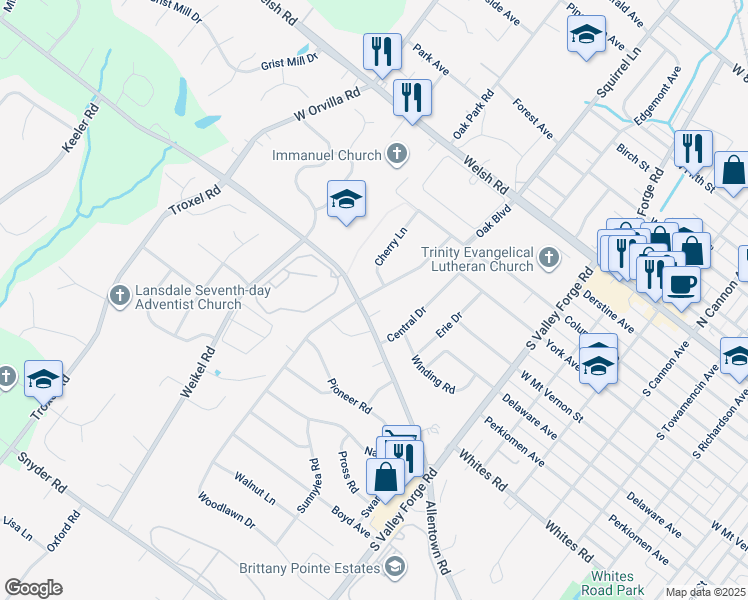 map of restaurants, bars, coffee shops, grocery stores, and more near 260 Woodlawn Drive in Lansdale