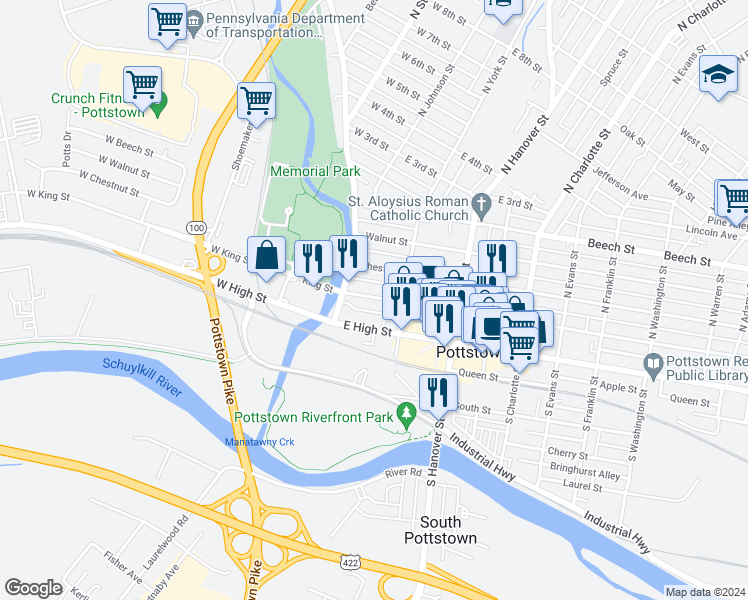 map of restaurants, bars, coffee shops, grocery stores, and more near 36 King Street in Pottstown