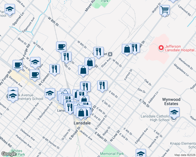 map of restaurants, bars, coffee shops, grocery stores, and more near 27 West 6th Street in Lansdale