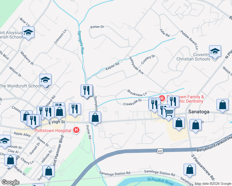 map of restaurants, bars, coffee shops, grocery stores, and more near 201 Creekside Drive in Pottstown