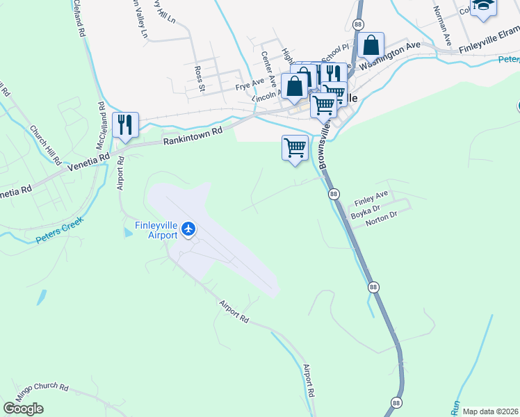 map of restaurants, bars, coffee shops, grocery stores, and more near 215 Stonebridge Drive in Finleyville