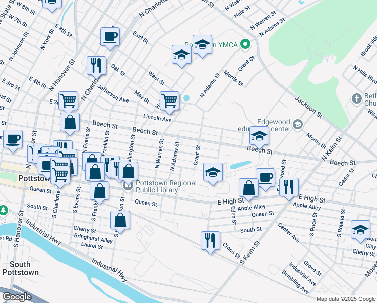 map of restaurants, bars, coffee shops, grocery stores, and more near 661 Walnut Street in Pottstown