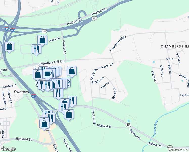 map of restaurants, bars, coffee shops, grocery stores, and more near 5014 Pajabon Drive in Harrisburg