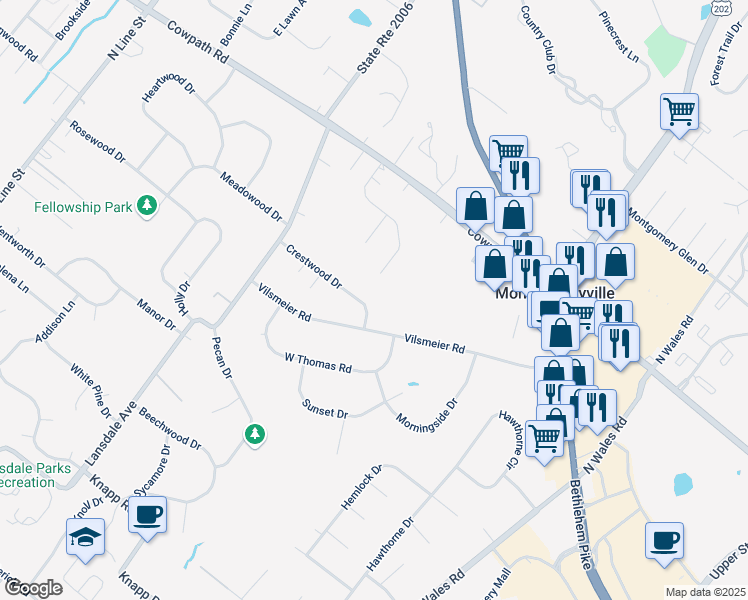 map of restaurants, bars, coffee shops, grocery stores, and more near 1117 Vilsmeier Road in Lansdale