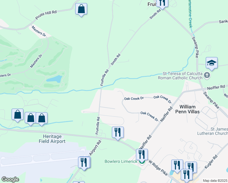 map of restaurants, bars, coffee shops, grocery stores, and more near 33 Rutherford Court in Royersford