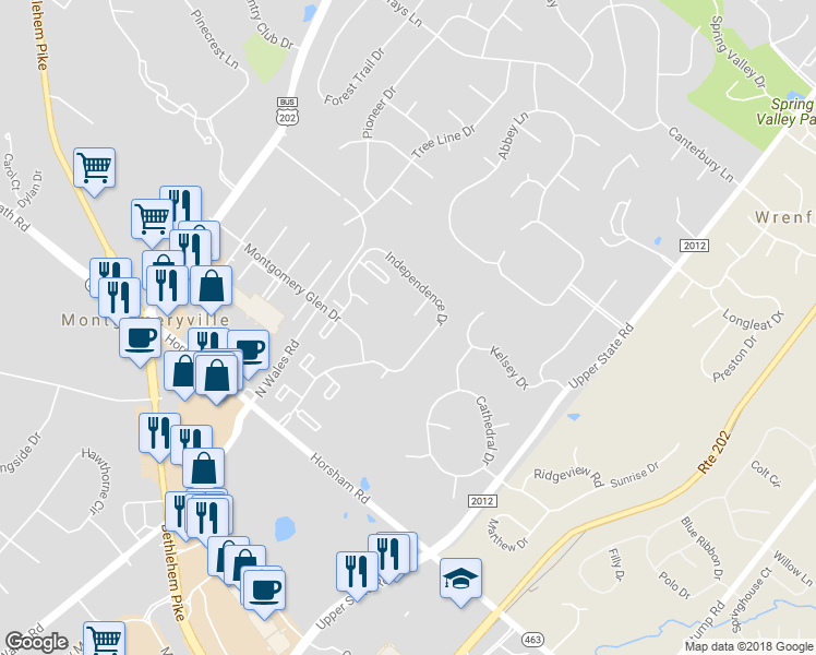 map of restaurants, bars, coffee shops, grocery stores, and more near 2504 Adams Court in North Wales