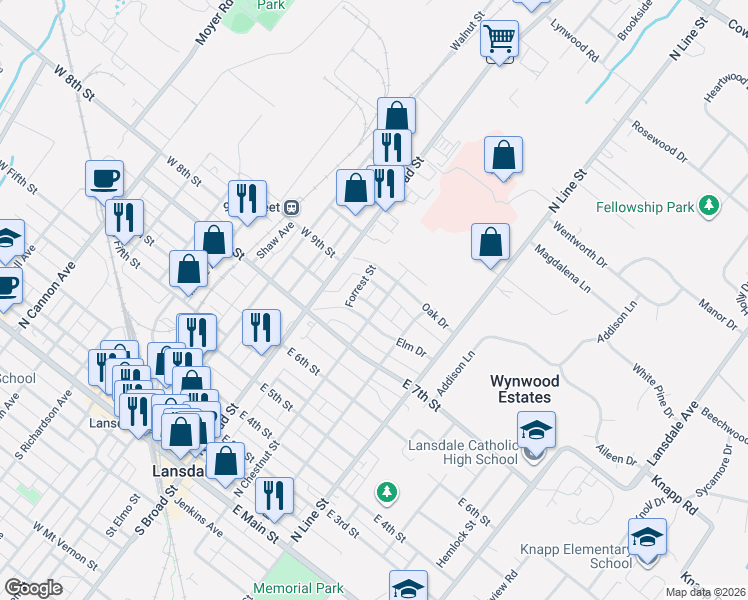 map of restaurants, bars, coffee shops, grocery stores, and more near 59 Elm Drive in Lansdale