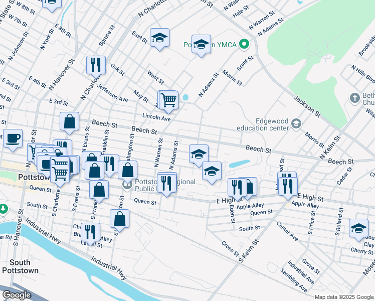 map of restaurants, bars, coffee shops, grocery stores, and more near 661 Walnut Street in Pottstown