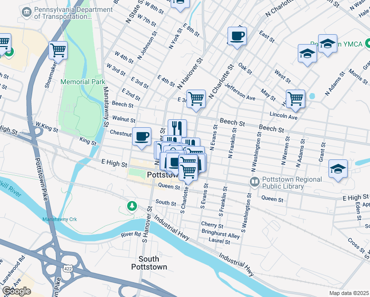 map of restaurants, bars, coffee shops, grocery stores, and more near 263 King Street in Pottstown