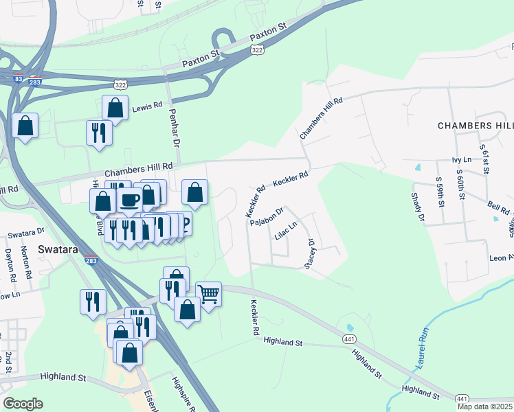 map of restaurants, bars, coffee shops, grocery stores, and more near 5014 Pajabon Drive in Harrisburg