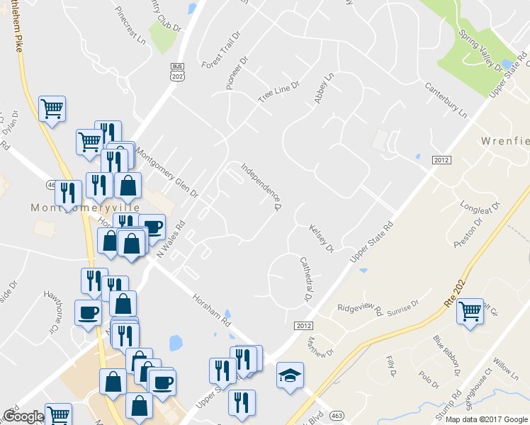 map of restaurants, bars, coffee shops, grocery stores, and more near 2406 Adams Court in North Wales