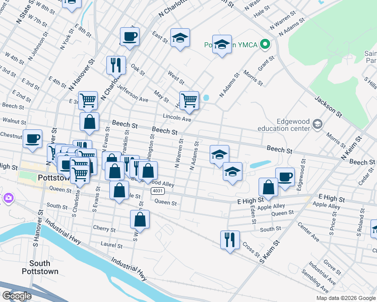 map of restaurants, bars, coffee shops, grocery stores, and more near 620 Walnut Street in Pottstown