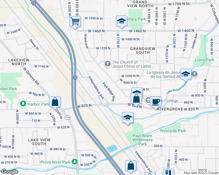 map of restaurants, bars, coffee shops, grocery stores, and more near 932 Park Ridge Way in Provo