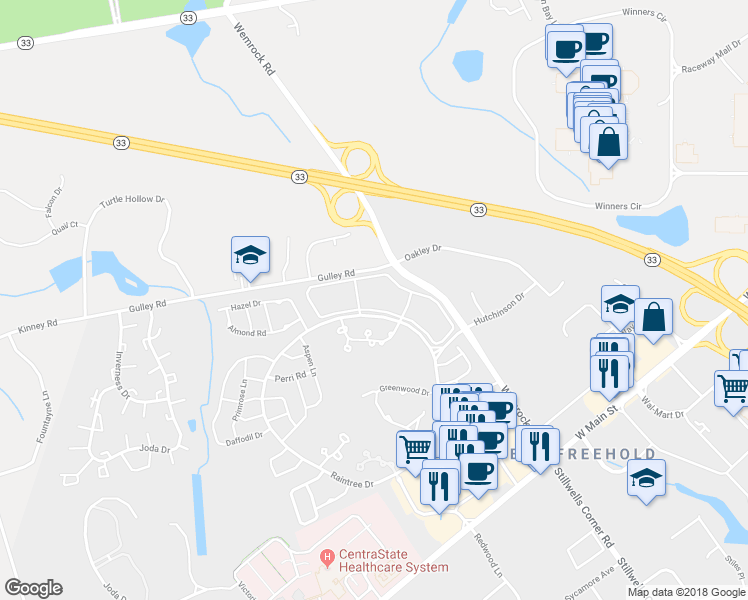 map of restaurants, bars, coffee shops, grocery stores, and more near 89 Tulip Lane in Freehold