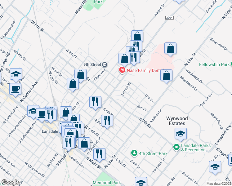 map of restaurants, bars, coffee shops, grocery stores, and more near 25 East 7th Street in Lansdale
