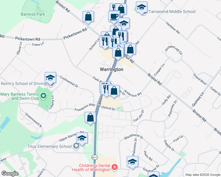 map of restaurants, bars, coffee shops, grocery stores, and more near 2252 Matts Way in Warrington