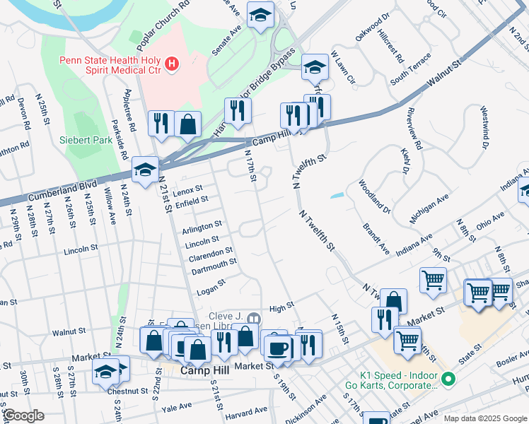 map of restaurants, bars, coffee shops, grocery stores, and more near 355 North 17th Street in Camp Hill